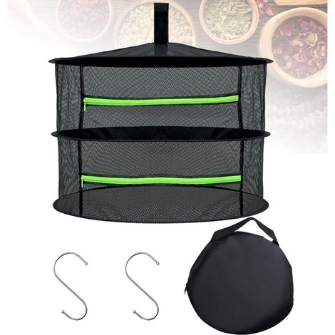 Griglia pieghevole per essiccare erbe aromatiche con 2 ripiani, rete per appendere con ganci a S e borsa per riporre – per fiori, spezie, pesce, verdure
