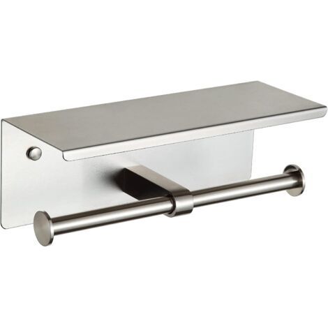 Support double pour papier toilette avec étagère, en nickel brossé, à fixer au mur. (1/3)