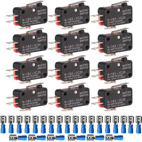 12pcs 125V/250V 15A Micro interrupteur de limite miniature SPDT Snap Action Charnière Type de levier et terminaux de 24pcs, V-151-1C25