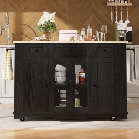 Isla de cocina 151,5/85/91,7 cm negro/natural con tablero abatible, vidrio templado y gran almacenaje (1/5)