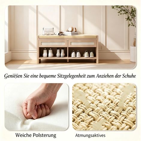 Schuhbank 108 × 35 × 50 cm aus MDF und PE-Rattan, hellbraun, mit Fächern – MEUBLIV (1/5)
