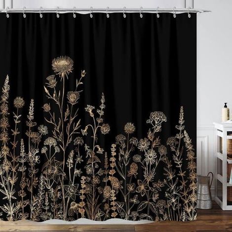 Rideau de douche bohème vintage noir et or, motif floral noir, marron et crème, avec crochets, 183 x 183 cm