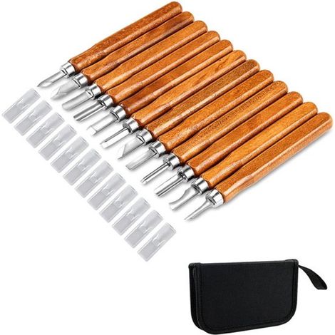 Lot de 12 outils de sculpture sur bois faits main avec manches ergonomiques et sac de rangement pour sculpteurs débutants et confirmés (1/5)