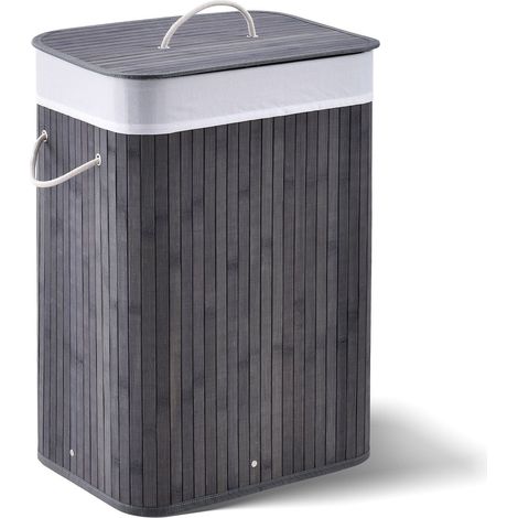 Cesto per la biancheria in bambù Curly Grigio 72 L Con coperchio, maniglia per il trasporto e sacchetto per la biancheria in tessuto (1/3)