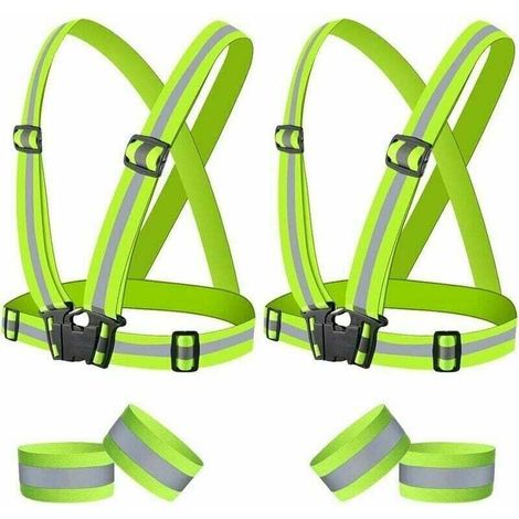 Gilet de sécurité, gilets réfléchissants, 2 gilets de sécurité jaunes, 4 brassards réfléchissants, pour la course, la marche, le cyclisme et la moto de nuit, pour adultes et enfants. (1/4)