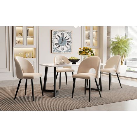 Ensemble salle à manger 5 pièces : table rectangulaire 117x68 cm + 4 chaises velours beige motif losange, pieds noirs réglables, design moderne (1/4)