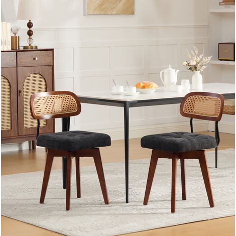 Set de 2 sillas de comedor giratorias 360° de chenilla negra y ratán OKWISH (1/5)