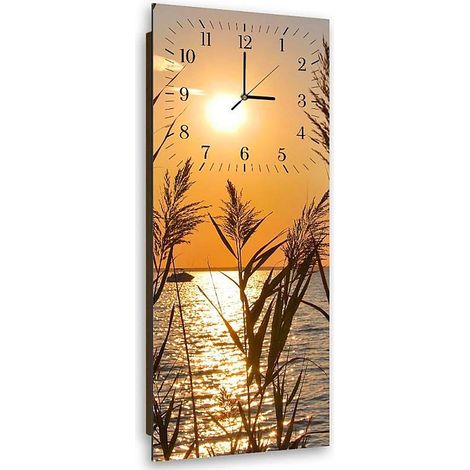 Horloge Murale Paysage Soleil Couchant Silhouette Herbes - 30 x 90 cm