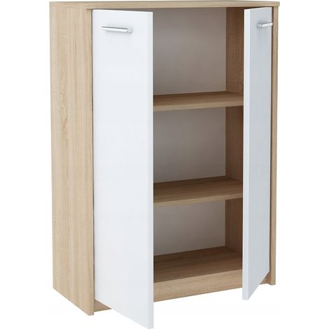 Buffet contemporain blanc et sonoma avec 2 portes – Rangement élégant 77 x 35 x 108 cm – Meuble de rangement moderne (1/3)