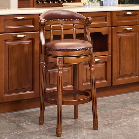 Tabouret de bar moderne en cuir et bois, chaise pivotante 360° avec dossier pour comptoir de cuisine, siège haut design pour maison