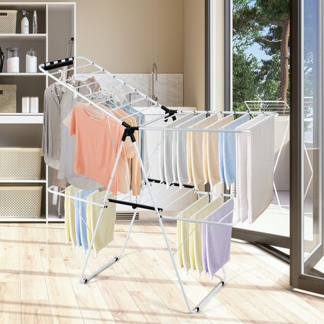 Séchoir à linge pliable 2 niveaux en acier avec ailes réglables et pinces à chaussettes pour balcon terrasse et intérieur (1/5)