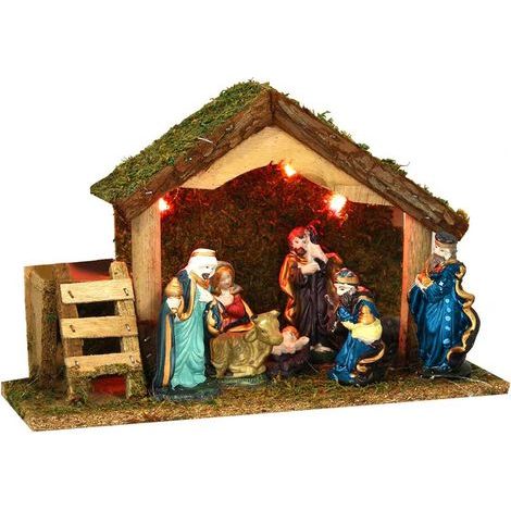 Fééric Lights And Christmas – Crèche de Noël lumineuse avec 8 santons en porcelaine – Dimensions 32x13x20 cm – Fonctionne avec 2 piles LR06 – Décor intérieur chaleureux (1/5)