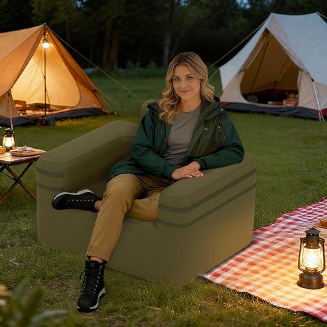 GOPLUS Canapé Gonflable 1 Place en Tissu Oxford 103x83x78 CM, Fauteuil Gonflable Portable avec Pompe à Air Intégrée, 3 Buses, Double Valves et Sac, pour Intérieur & Extérieur, Charge 150 KG (1/5)