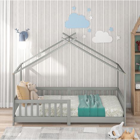 Kinderbett Hausbett aus Massivholz Hellgrau 90x200 cm mit Sicherheitszaun und Lattenrost (1/5)