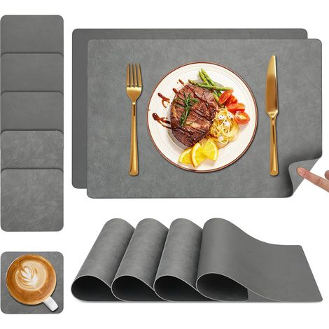 Tischsets und Untersetzer, Tischsets, 6er-Set, waschbare doppelseitige zweifarbige Leder-Tischsets, leicht zu reinigende rutschfeste Tischsets (Hellgrau/Dunkelgrau, 6er-Set)“