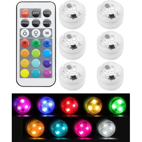 Lot de 6 petites lampes LED submersibles, 13 couleurs RGB, étanches, pour aquarium, piscine, baignoire, vase, fête, mariage, bain (1/5)