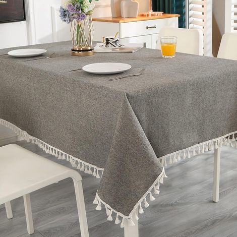 Nappe grise rectangulaire en coton et lin, couleur unie, anti-poussière et lavable, avec pompons (1/5)