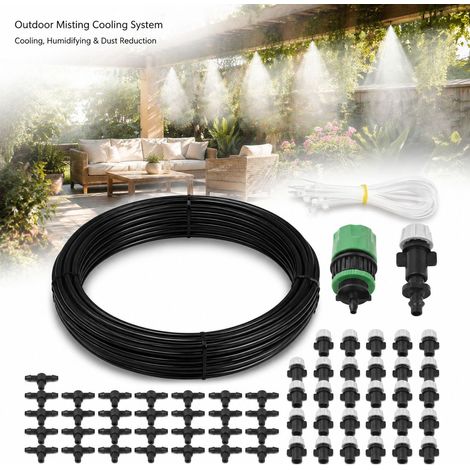 Sistema di nebulizzazione da 30 m - 16 ugelli in ottone - Tubo in PU nero - Kit di nebulizzazione fai-da-te per esterni, ideale per giardino, patio, serra e per alleviare il calore. (1/5)