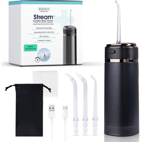 Stream+ Jet dentaire hydropulseur, Irrigateur buccal, 3 Embouts spécialisés, Pression réglable, élimination de la plaque dentaire,  Noir (1/5)