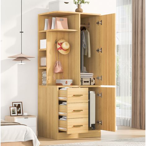 Armoire 1 porte 70x50x170 cm avec penderie, 3 tiroirs, étagères et crochets pour chambre, bois naturel (1/5)