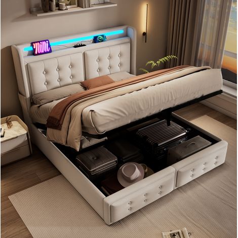 Cama con espacio de almacenamiento de tela algodón y lino beige 180x200 cm con LED, USB-C y somier de láminas (1/5)