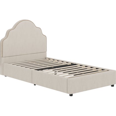 Letto per bambini imbottito 90 x 200 cm in lino beige con rete, testiera imbottita HOMVRA (1/5)