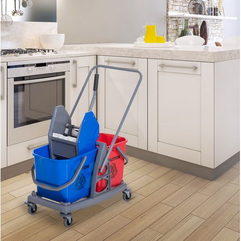 Carro de limpieza con cubos 73x45x92 cm, con escurridor, 4 ruedas, metal azul (1/5)