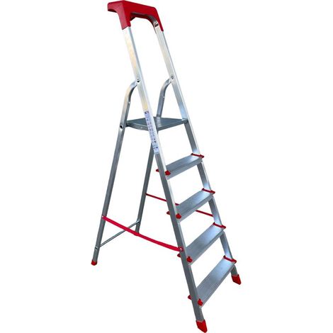 Scala Domestica in Alluminio 5 Gradini Antiscivolo con Portaoggetti Altezza pedana 100 cm