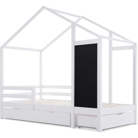 Letto a casetta per bambini 90 x 200 cm con lavagna, 2 cassetti, pino, bianco, senza materasso (1/5)