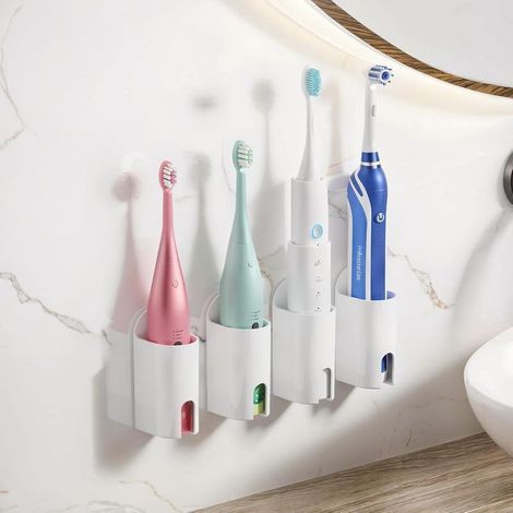 Support Brosse a Dent Electrique 4 Pièces, Porte Brosse à Dents Autocollant, Adhésif Puissant, Support Brosse a Dent Murale sans Perçage, Porte Brosse à Dents Electrique pour Salle de Bain (1/5)