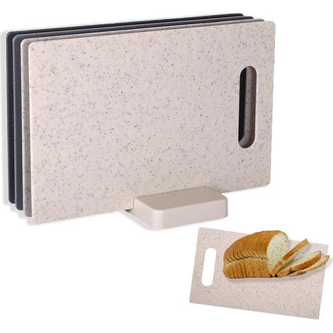Planche à Découper Plastique, 28 x 18cm, Lot de 4 Planches à Découper avec Support, Planches à Découper Portables, Pour Légumes, Fruits, Pain (1/5)