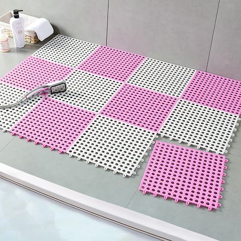 Lot de 10 Dalles de sol de emboîtables, Tapis de bain antidérapant en assembler de forme carrée 3030cm avec trous de drainage (rose et blanc) (1/5)