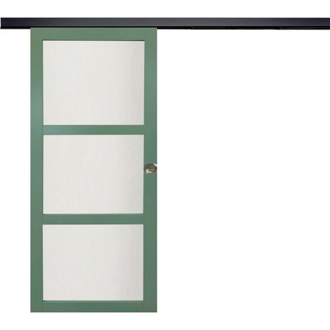 Porte Coulissante Vert Ral 6021 Vitrée H204 X L73 + Rail Alu Bandeau Noir Et 2 Coquilles