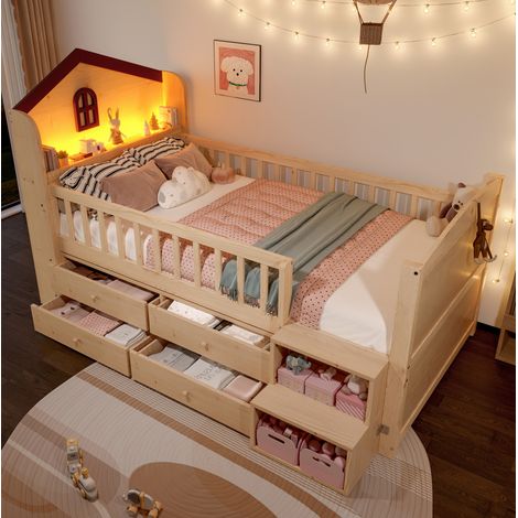 Lit mezzanine bas enfant style maison en bois naturel 90x200 cm avec barrières, 4 tiroirs, échelle à étagères et LED (1/5)