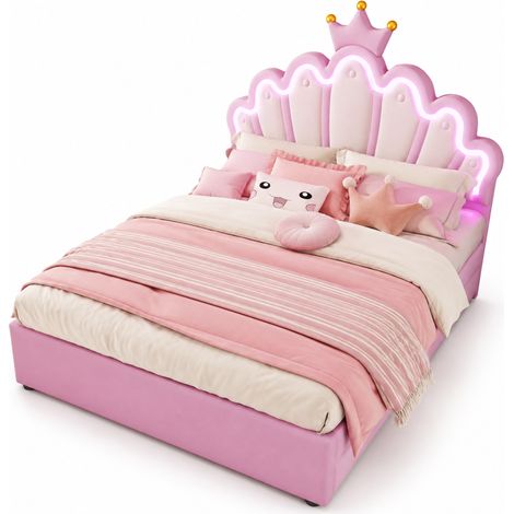 Letto imbottito 140x200 cm rosa senza materasso con 2 cassetti, testiera regolabile e luce ambientale LED telecomandata, stile corona per cameretta - CHICFURN (1/5)