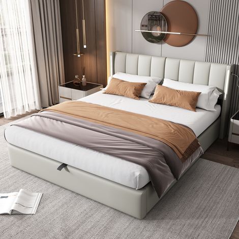 Bett Polsterbett Stauraum 140x200 PU Grau OKMYHOME (1/5)