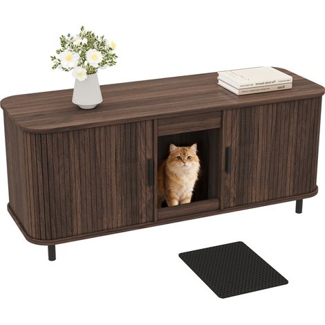 CHICFURN Meuble litière chat avec portes coulissantes, meuble cache litière double compartiment avec tapis récupérateur, style bois foncé pour intérieur (1/5)