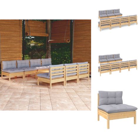 Gartenmöbel-Sets - Living 8-tlg. Garten-Lounge-Set mit Grauen Kissen Kiefernholz (1/5)