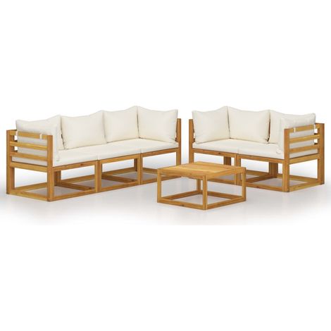 Vidaxl – Salon de jardin 6 pcs – Ensemble en bois d'acacia massif avec coussins crème – Résistant aux intempéries – Table basse 68x68cm (1/7)