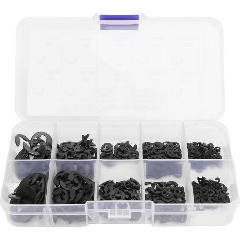 Ensemble de 580 rondelles circlips E avec boîte de rangement, en acier inoxydable, à fixation ferme, noires. (1/5)