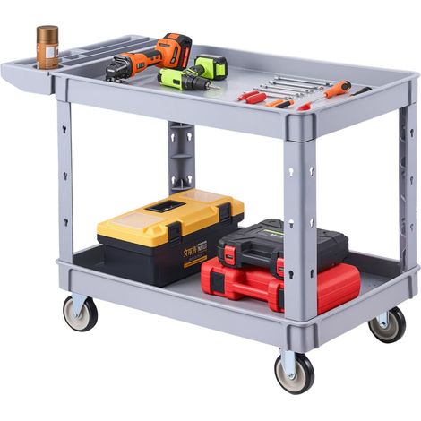 Chariot d'Atelier Charge Max. 250 kg Chariot de Service à 2 Niveaux, en PP, 2 Roues Fixes et 2 roulettes Pivotantes avec Frein, avec Plateaux de Rangement pour Garage, Atelier et Entrepôt, Gris (1/5)