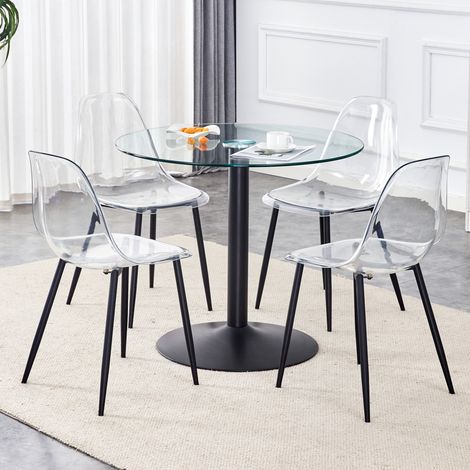 CHICFURN Conjunto de comedor redondo de 85 cm en vidrio templado negro con 4 sillas transparentes (1/5)