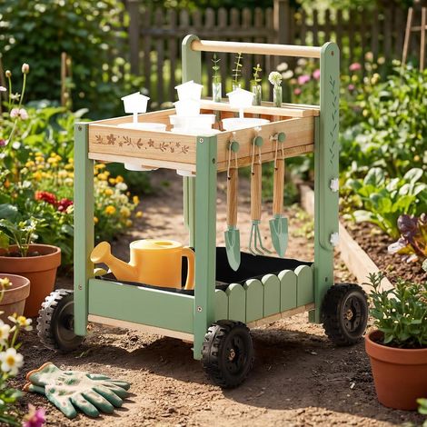 Chariot de jardin en bois pour enfants, avec 4 gobelets et 4 tubes à essai hydroponiques, arrosoir, 3 outils de jardin, étiquettes pour plantes et cartes de protocole de plantation, à partir (1/5)