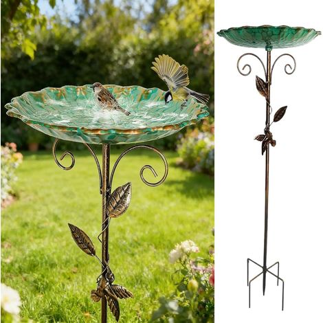 Baño de pájaros de metal vintage con pedestal y comedero para aves silvestres. (1/5)