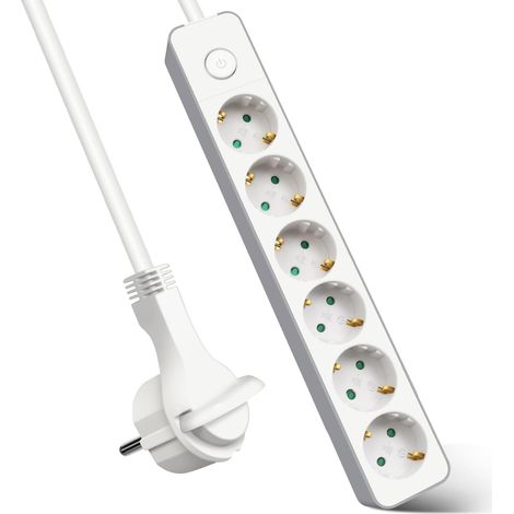 Multiprise avec 6 prises, rallonge prise avec interrupteur, 5 m, pour la maison, le bureau et les voyages, 3680 W, 3 G x 1,5 mm², blanc, 1 pièce (1/5)