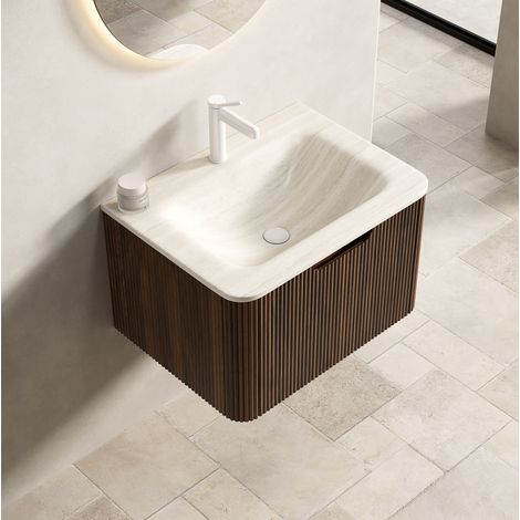 Meuble vasque mural 60x46x36 cm en pierre beige, design moderne, pour salle de bain FloraGrace (1/5)