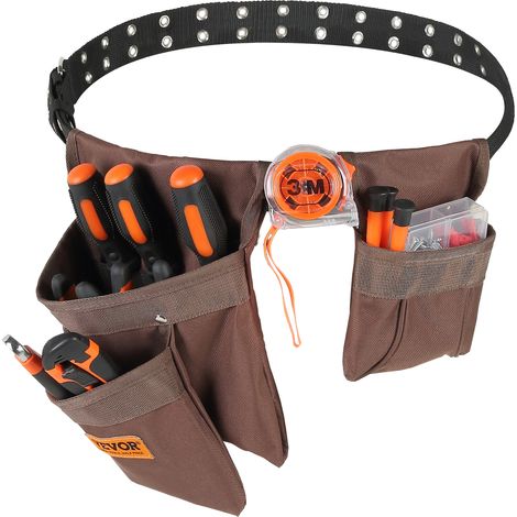 VEVOR Cinturón de Herramientas Marrón 13 Bolsillos Tamaño de Cintura 73,6-137,2 cm, Cinturón de Herramientas de Poliester Desmontable para Electricista, Carpintero, Manitas, Carpintero, Construcción