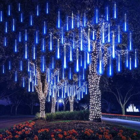 Guirlande lumineuse effet pluie de météores, 8 tubes de 30 cm, 192 LED, étanche, idéale pour mariages, maison, arbres, jardin, fêtes de Noël (bleu) (1/5)