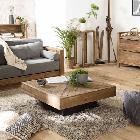 Macabane – Table basse carrée 99.5x99.5cm en pin recyclé marron – Piètement noir – Style brut et élégant – Meuble monté (1/5)