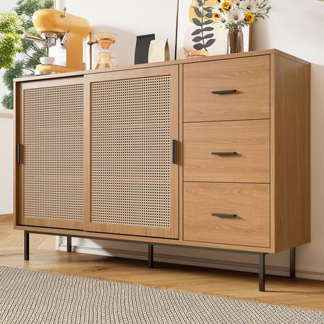 Credenza in truciolare naturale con 2 ante scorrevoli effetto rattan e 3 cassetti, 140 x 37 x 91 cm (1/5)